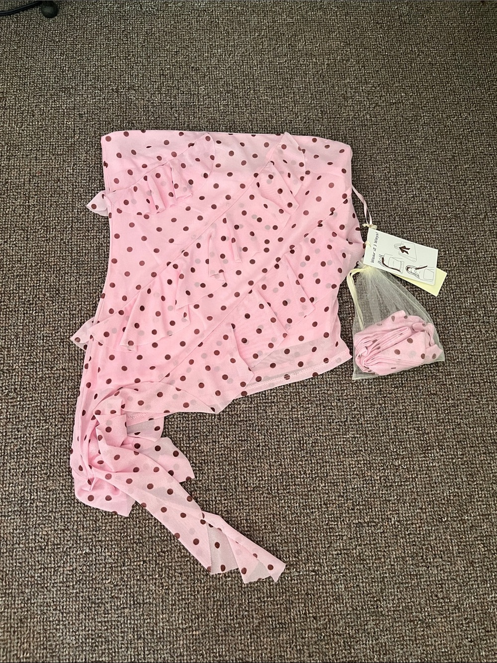 Pink Polka Dot Strapless Top with Ruffle Trim and Versatile Tie